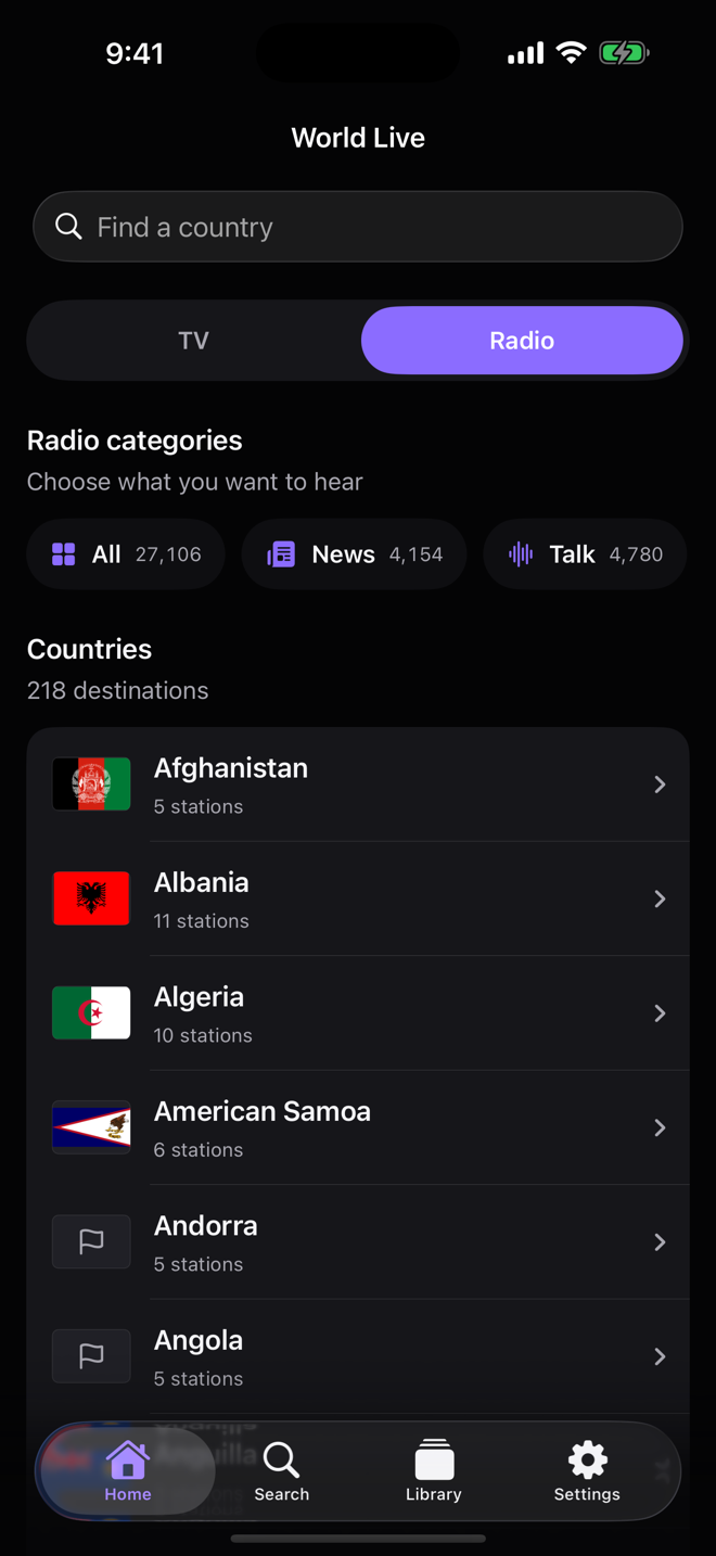 World Live radio directory with categories and countries